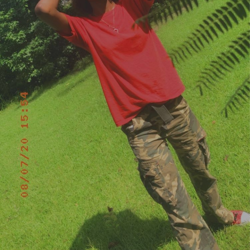 Camoflauge pants with Red Shirt